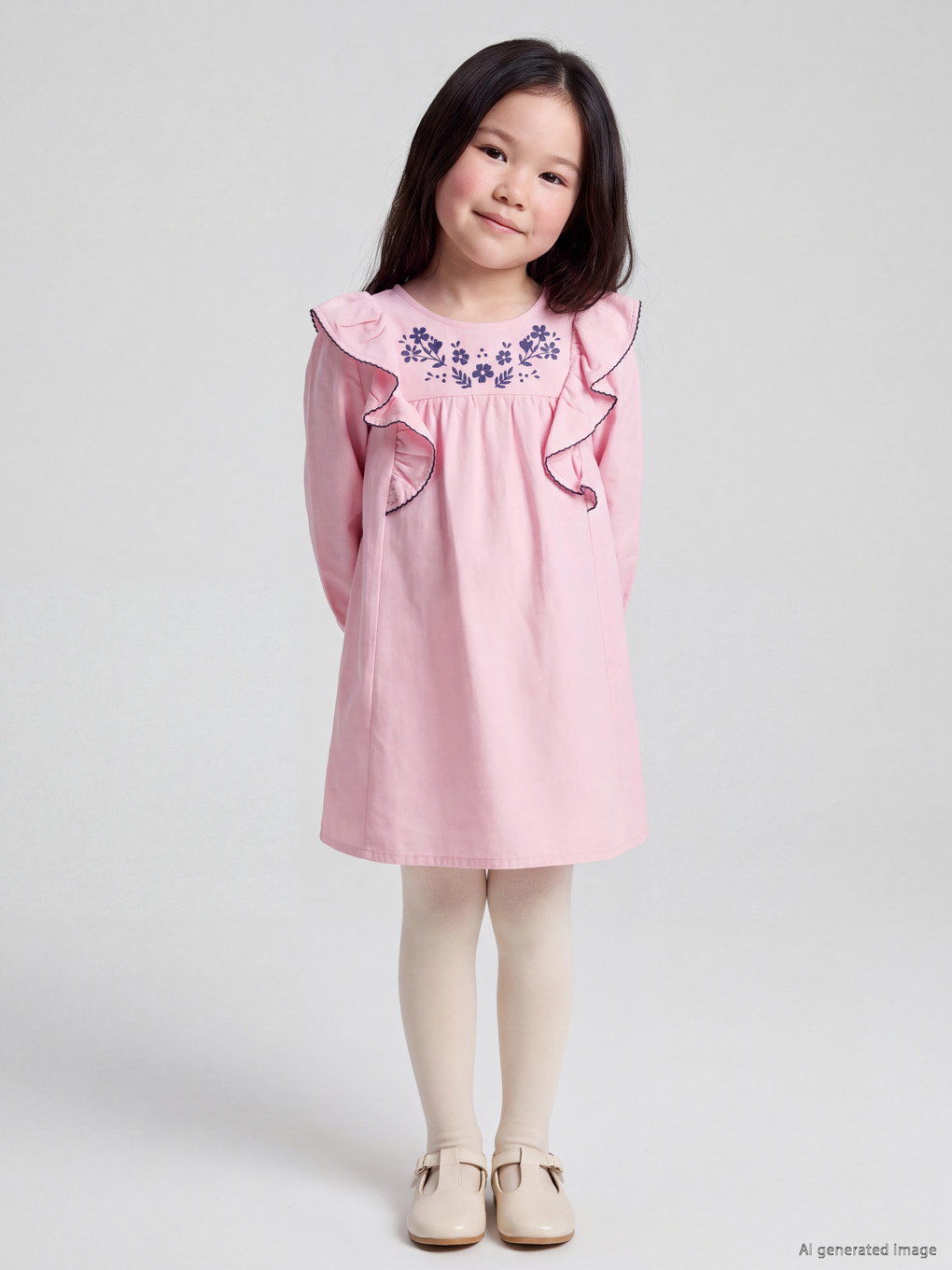 Flower Embroidered Ruffled Girls' Dress-2