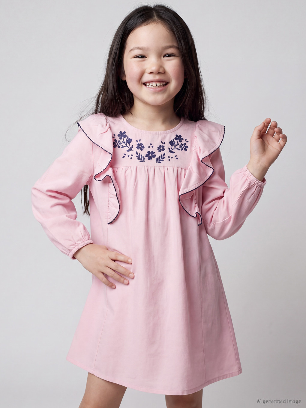  Flower Embroidered Ruffled Girls' Dress