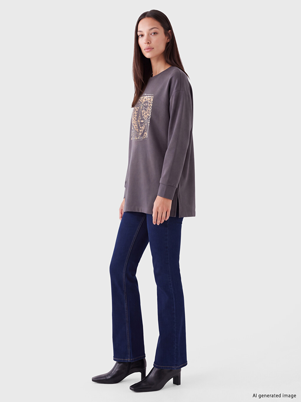 Gri Soft Touch Oversze Kadın Sweatshirt Tunik-1