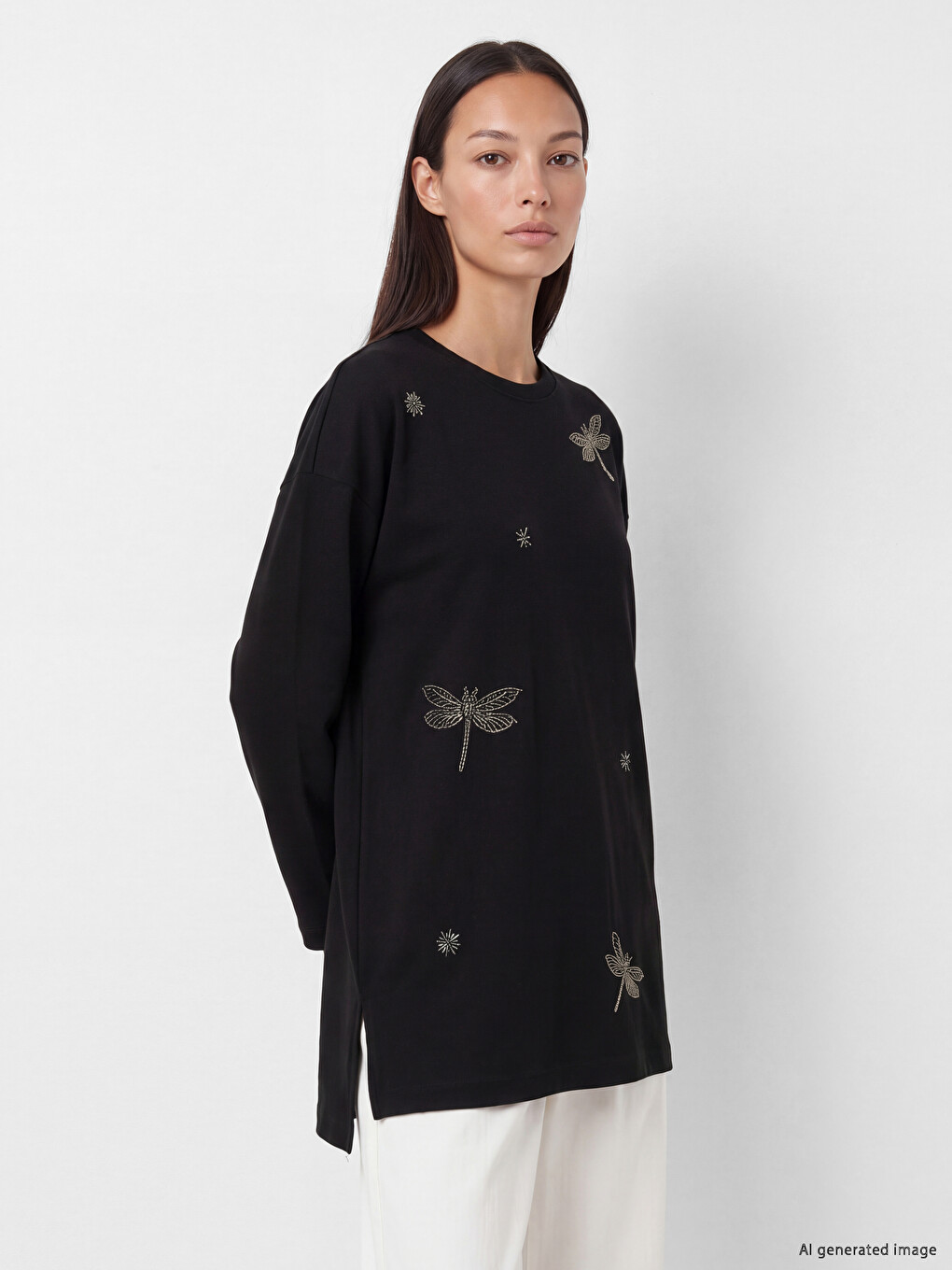 Bead Embellished Oversize Women's Sweatshirt Tunic