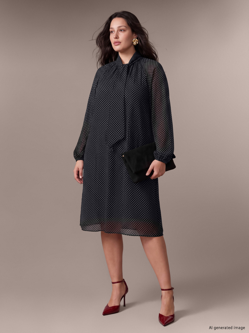 Plus Size Tie Neck Polka Dot Dress
