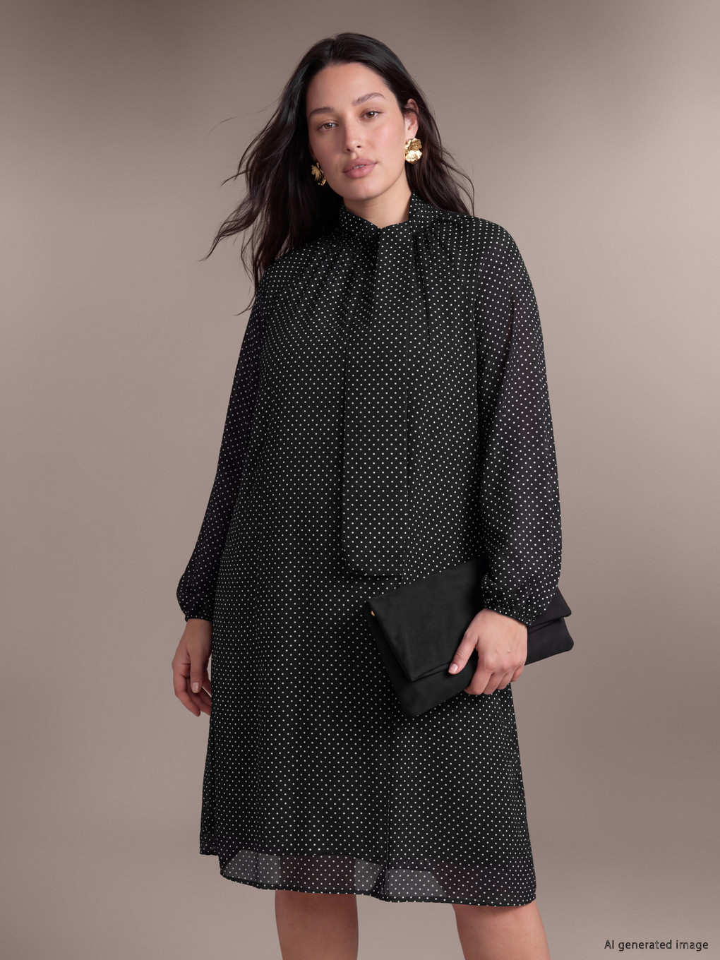 Plus Size Tie Neck Polka Dot Dress-1