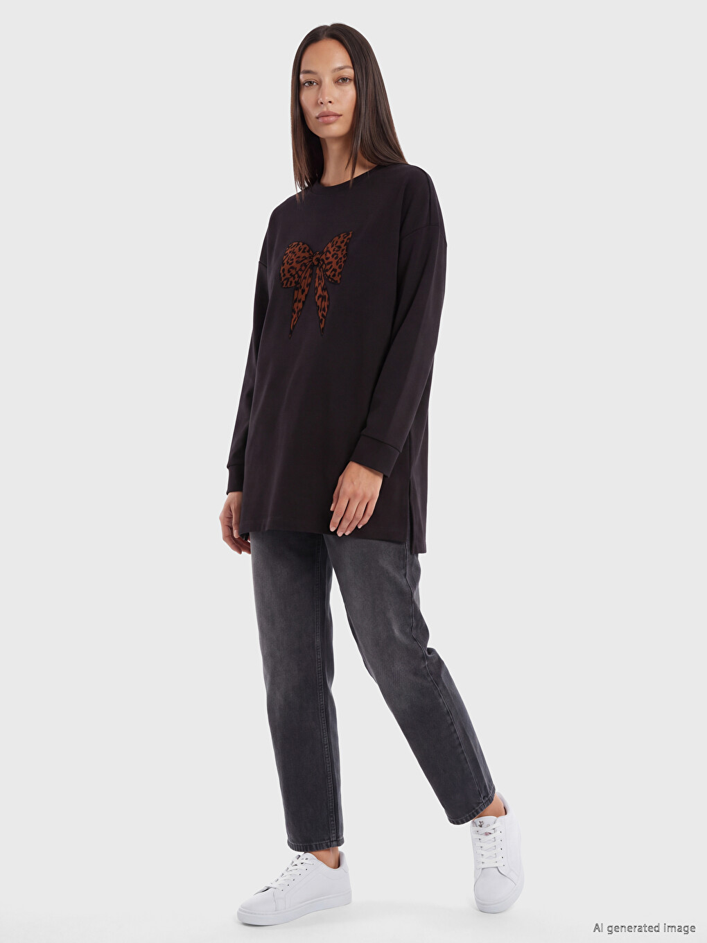Siyah Soft Touch Oversize Kadın Sweatshirt Tunik-1