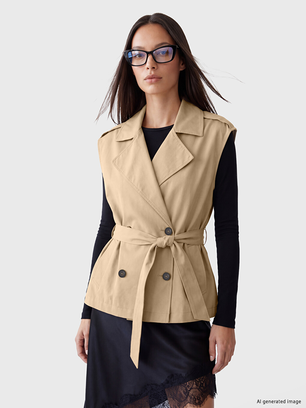 Double Breasted Collar Belted Women's Gilet