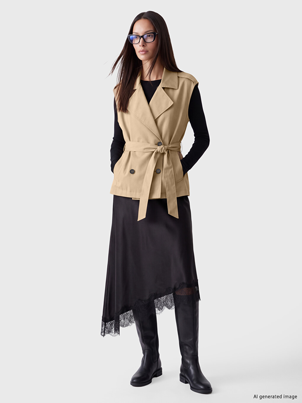 Double Breasted Collar Belted Women's Gilet-1