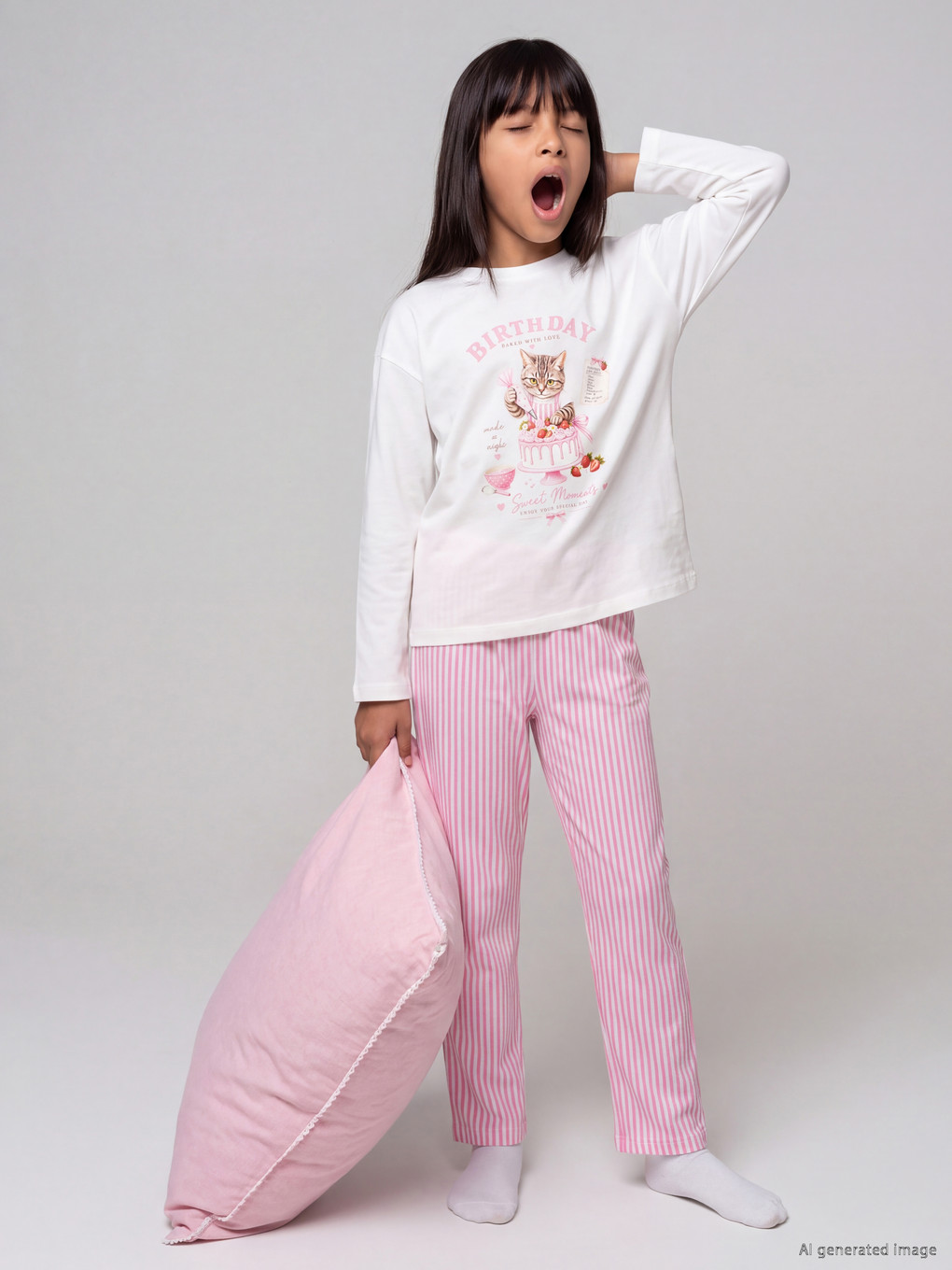 Ekru Baskılı Kız Çocuk Pijama Takımı