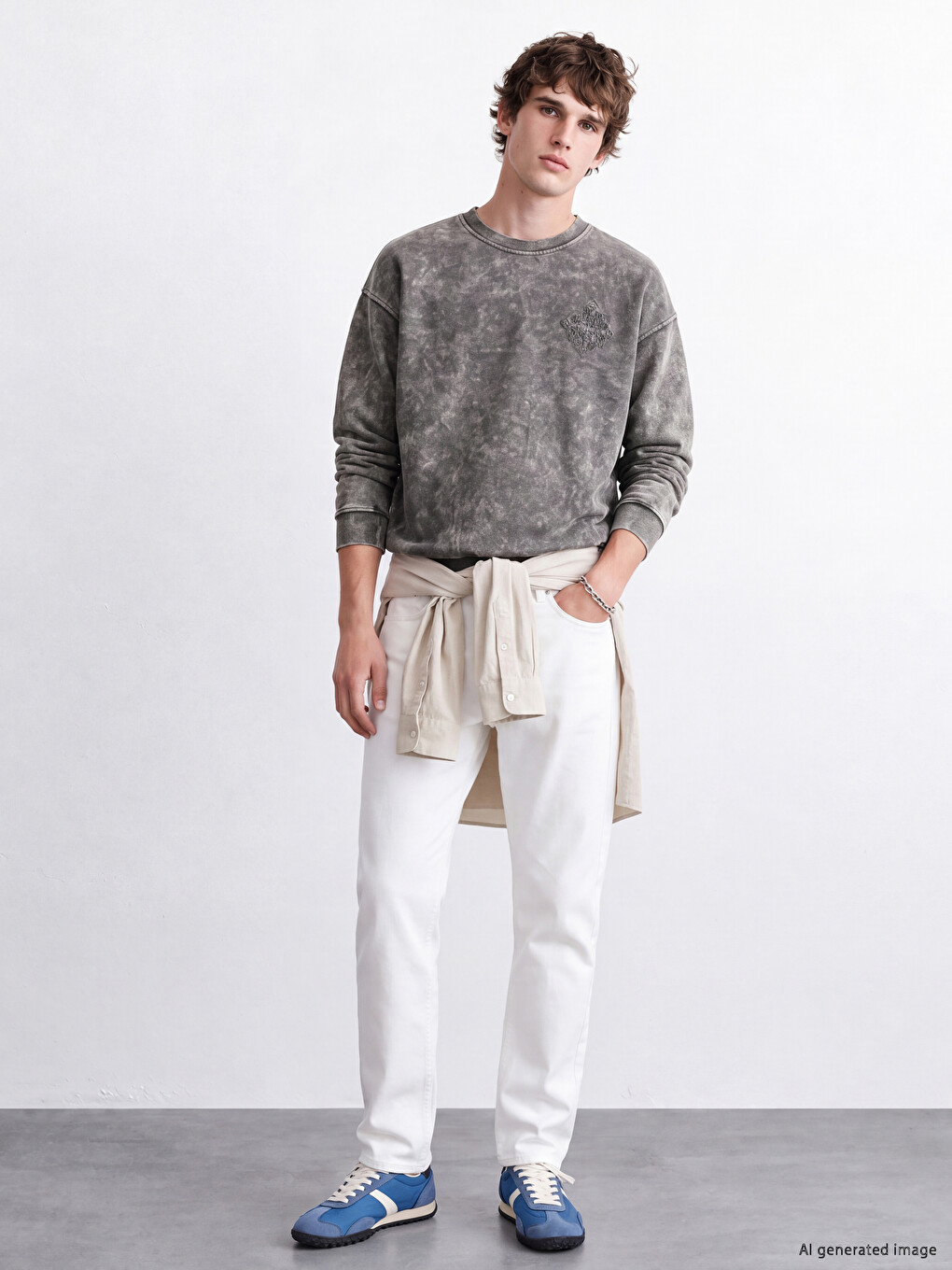 Gri Bisiklet Yaka Nakışlı Erkek Sweatshirt-1