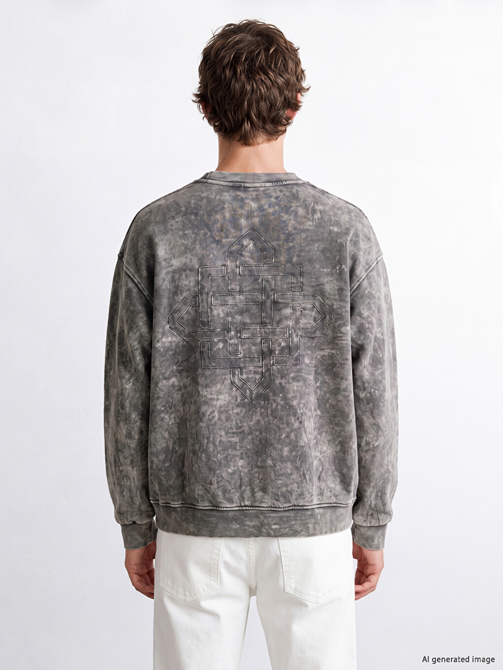 Gri Bisiklet Yaka Nakışlı Erkek Sweatshirt-3
