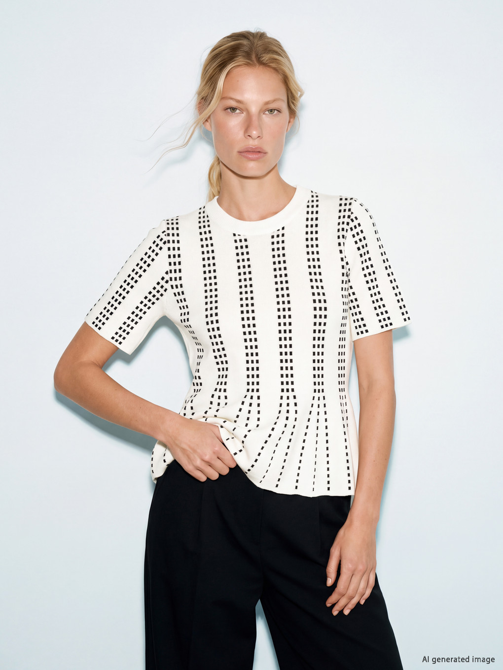 Ekru Desenli Triko Peplum Bluz