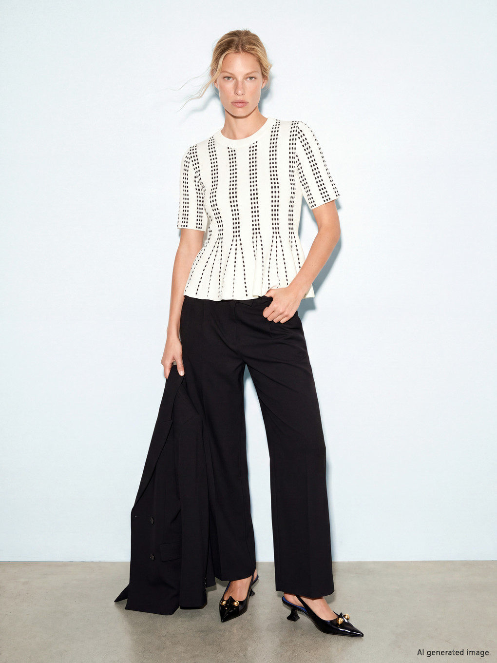 Ekru Desenli Triko Peplum Bluz-1