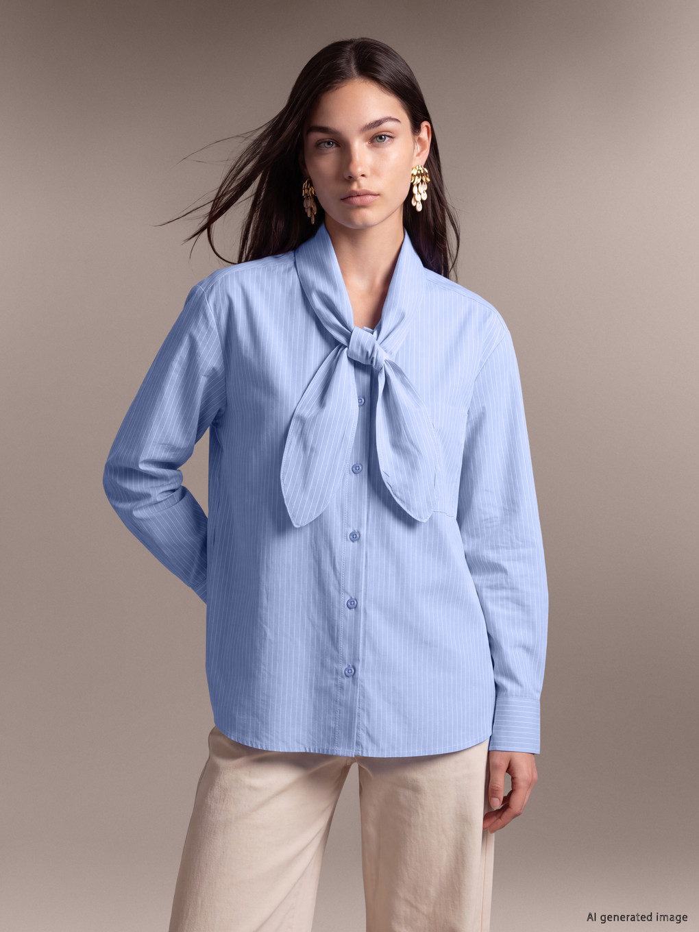Mavi Fular Yaka Çizgili Kadın Gömlek
