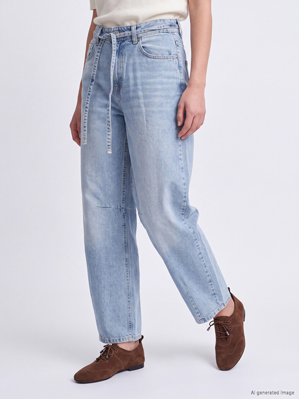 İndigo Beli Kuşaklı Barrel Jean-1