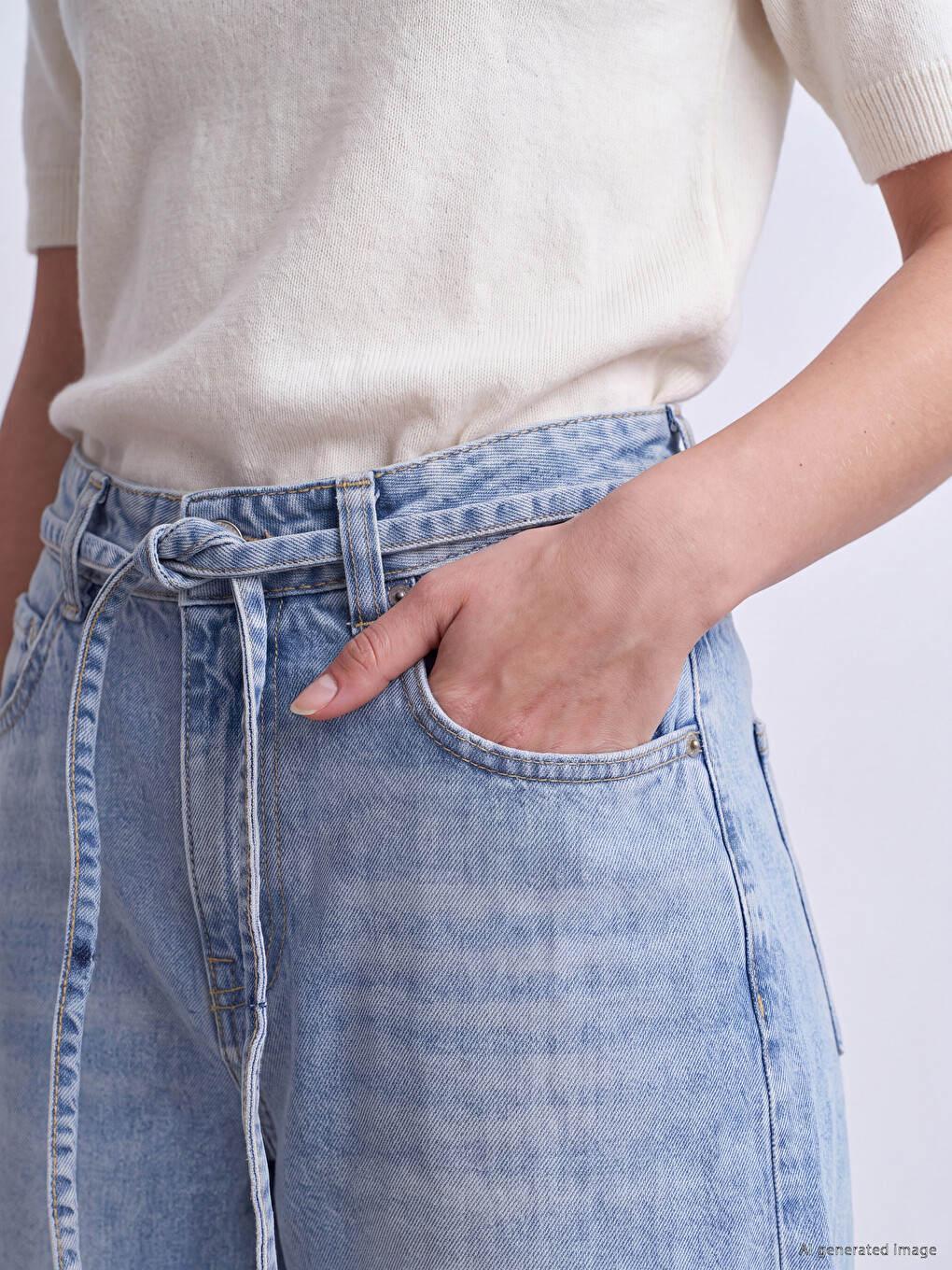 İndigo Beli Kuşaklı Barrel Jean-2