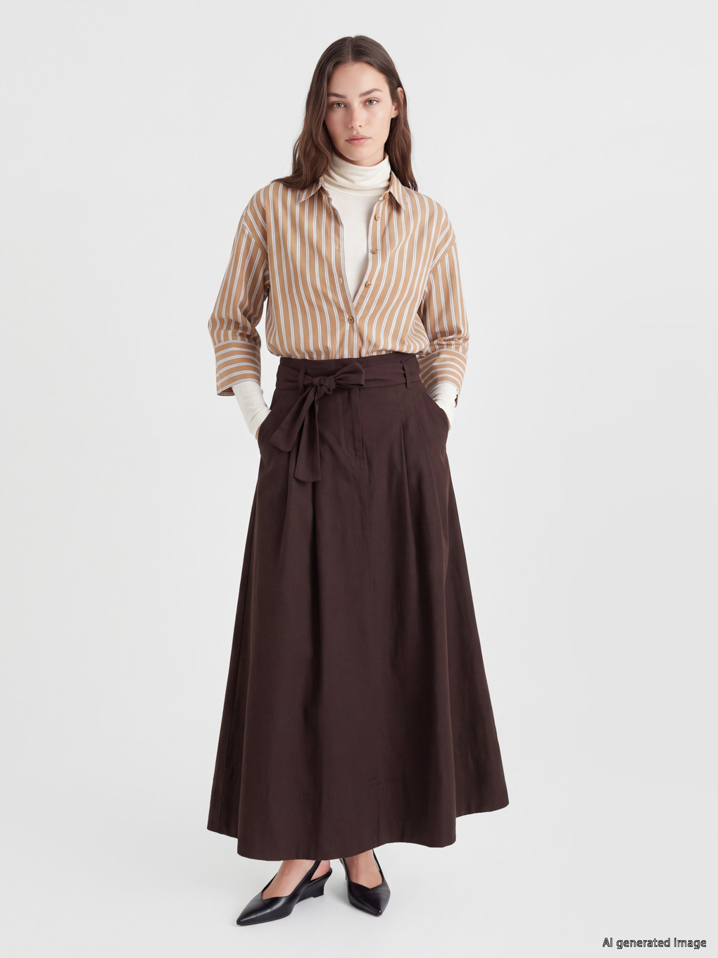 Waist Belted Poplin Flared Skirt