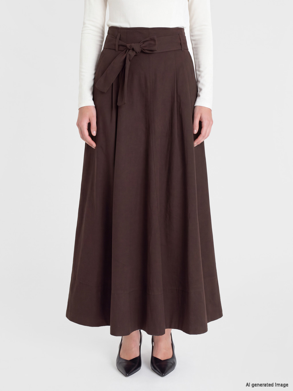 Waist Belted Poplin Flared Skirt-1