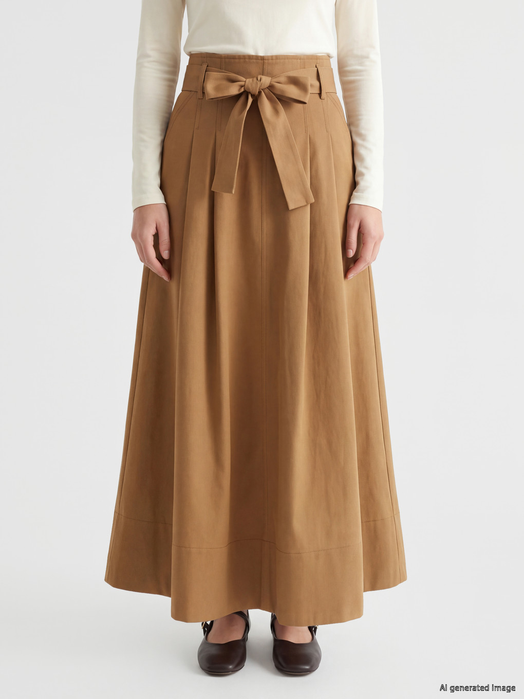 Waist Belted Poplin Flared Skirt-1