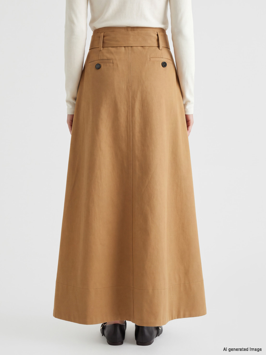Waist Belted Poplin Flared Skirt-3