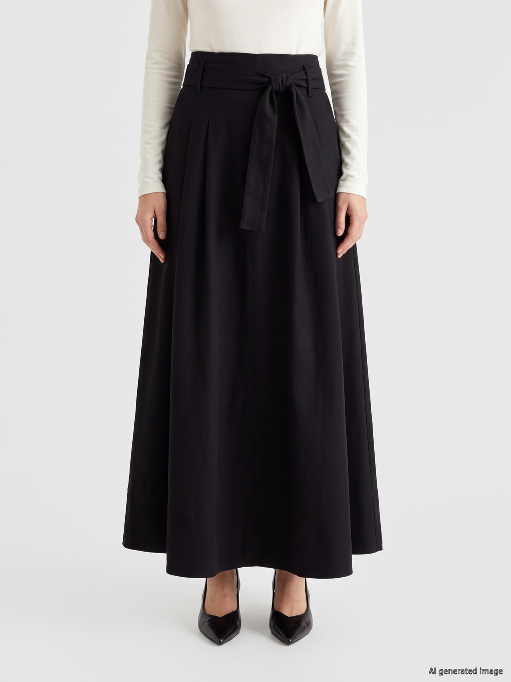 Waist Belted Poplin Flared Skirt-1