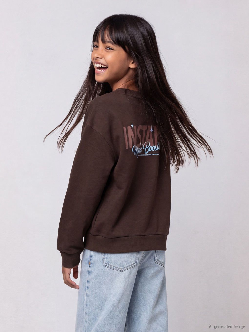 Kahverengi Baskılı Genç Kız Sweatshirt-3