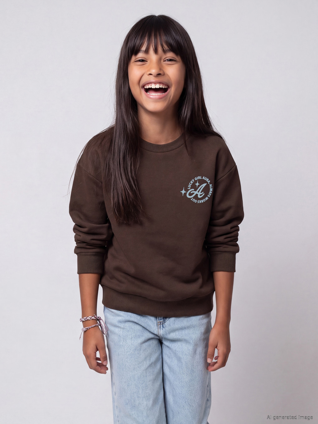 Kahverengi Baskılı Genç Kız Sweatshirt-4