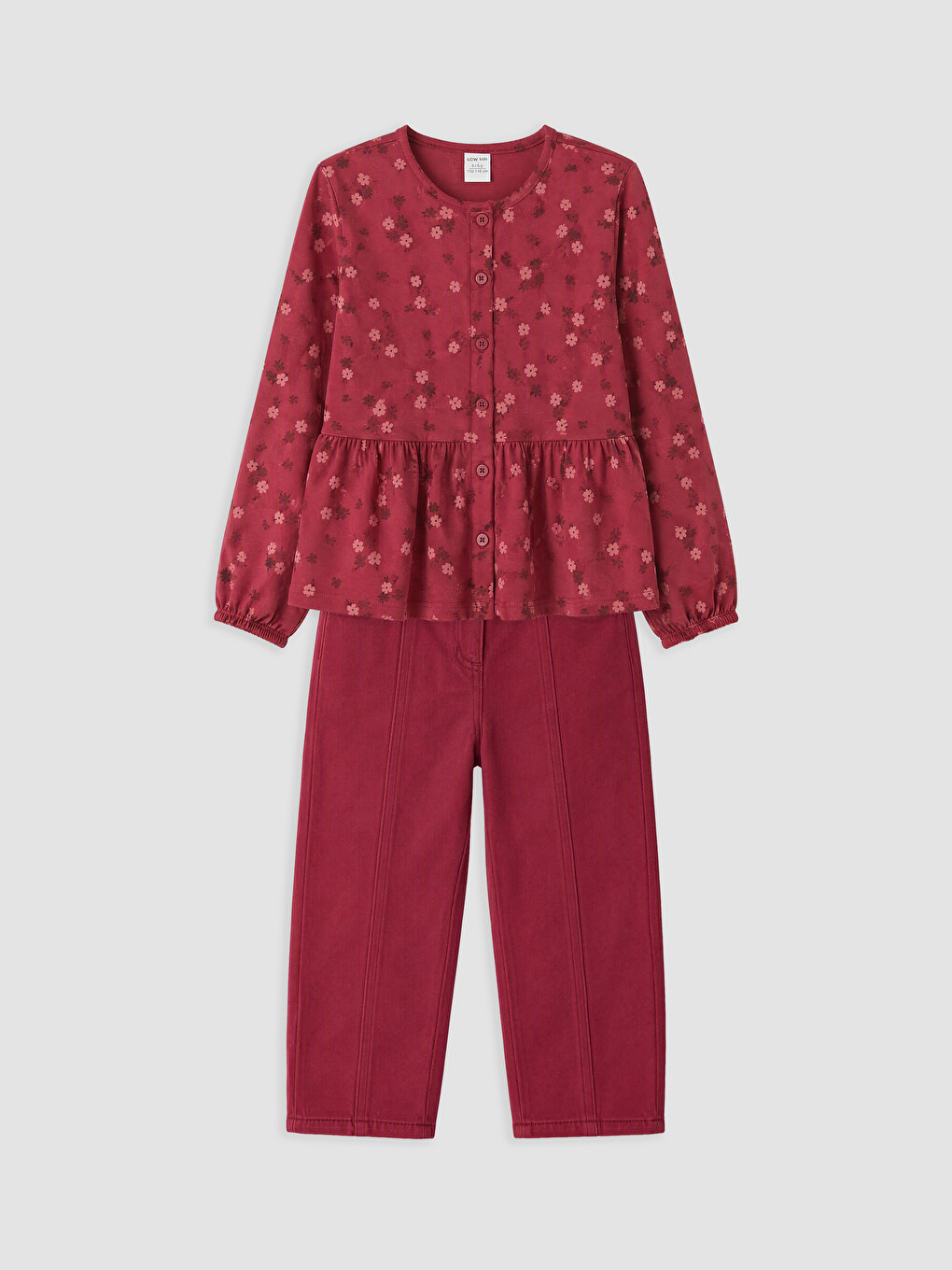 Bordo Çiçekli Kız Çocuk Gabardin Takım