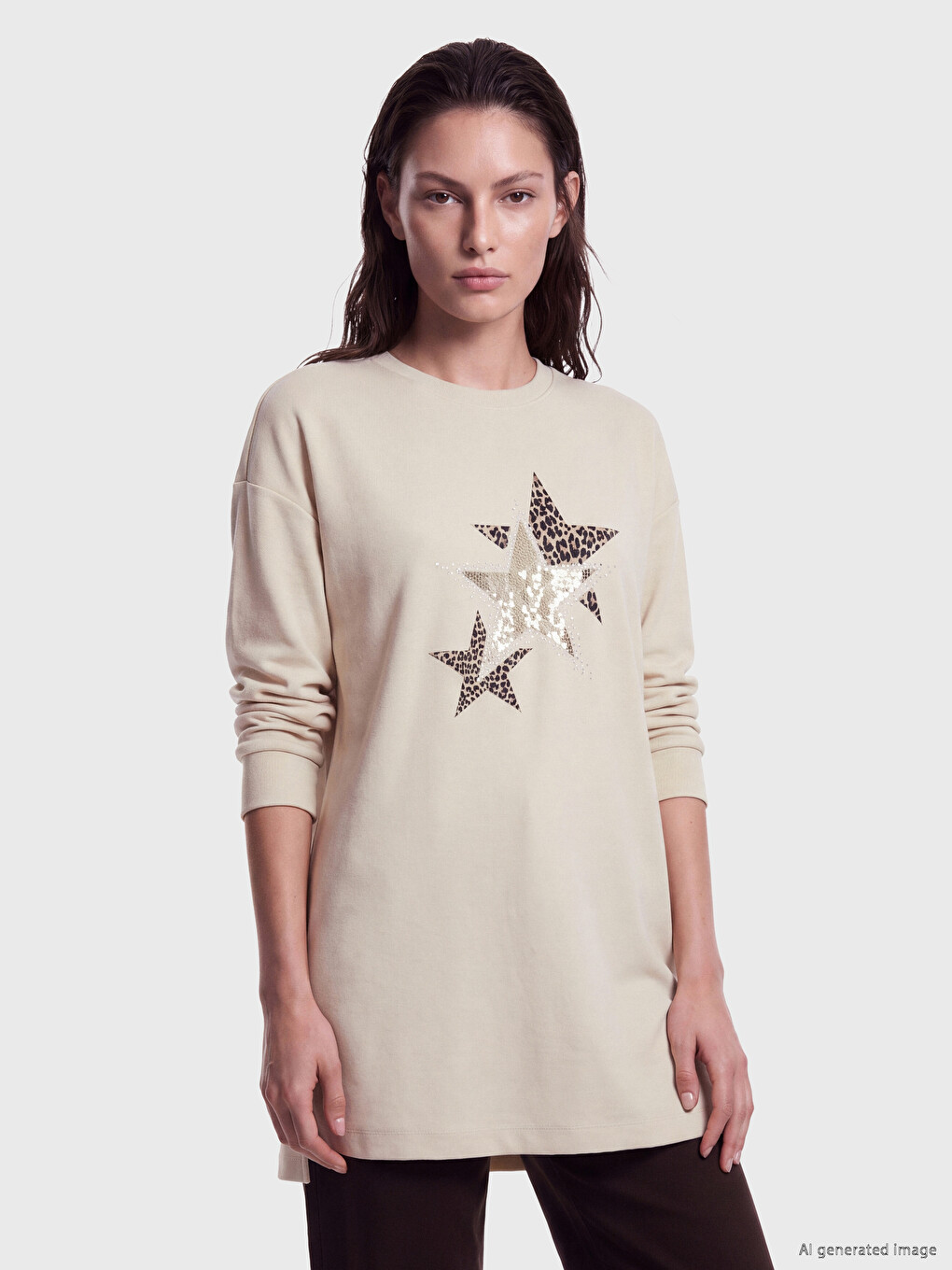 Bej Baskılı Oversize Kadın Sweatshirt Tunik