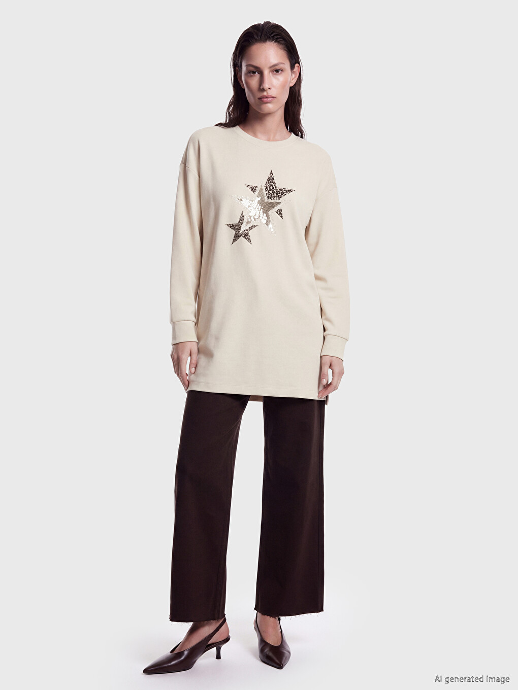 Bej Baskılı Oversize Kadın Sweatshirt Tunik-1