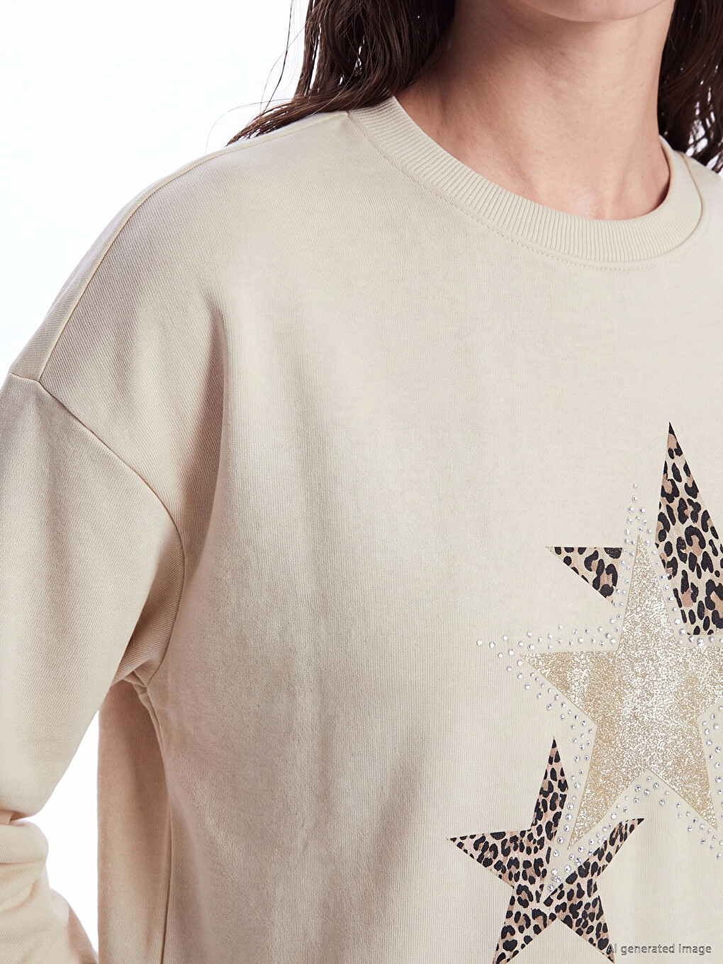 Bej Baskılı Oversize Kadın Sweatshirt Tunik-2