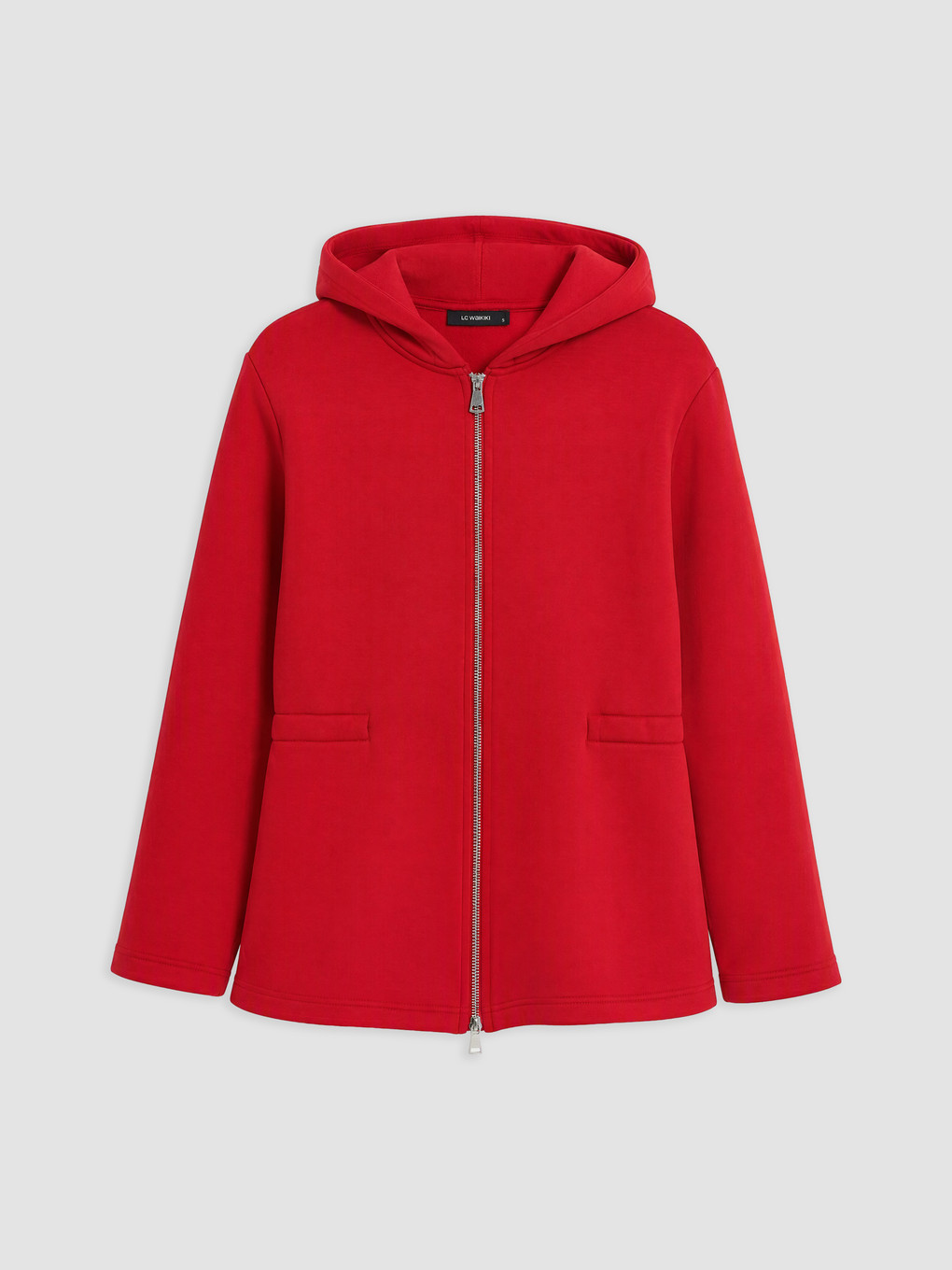 Kırmızı Kapüşonlu Kadın Fermuarlı Sweatshirt-8