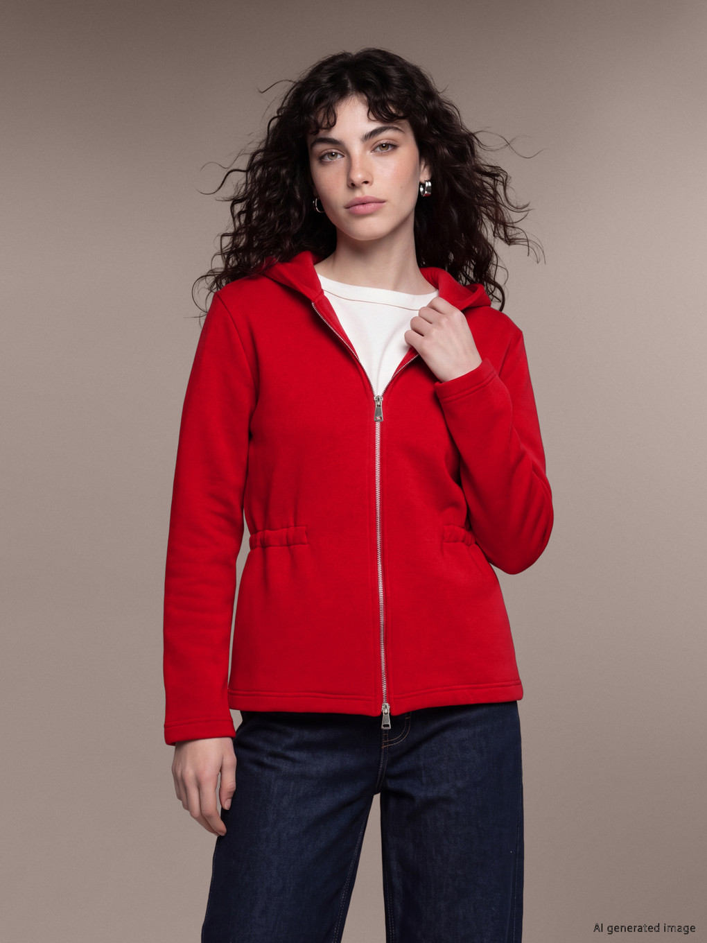 Kırmızı Kapüşonlu Kadın Fermuarlı Sweatshirt