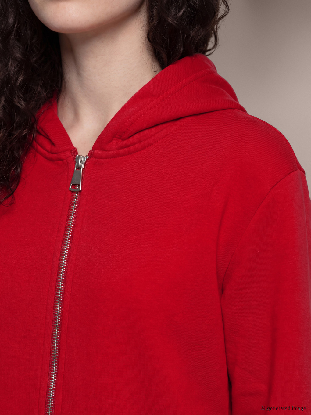 Kırmızı Kapüşonlu Kadın Fermuarlı Sweatshirt-2