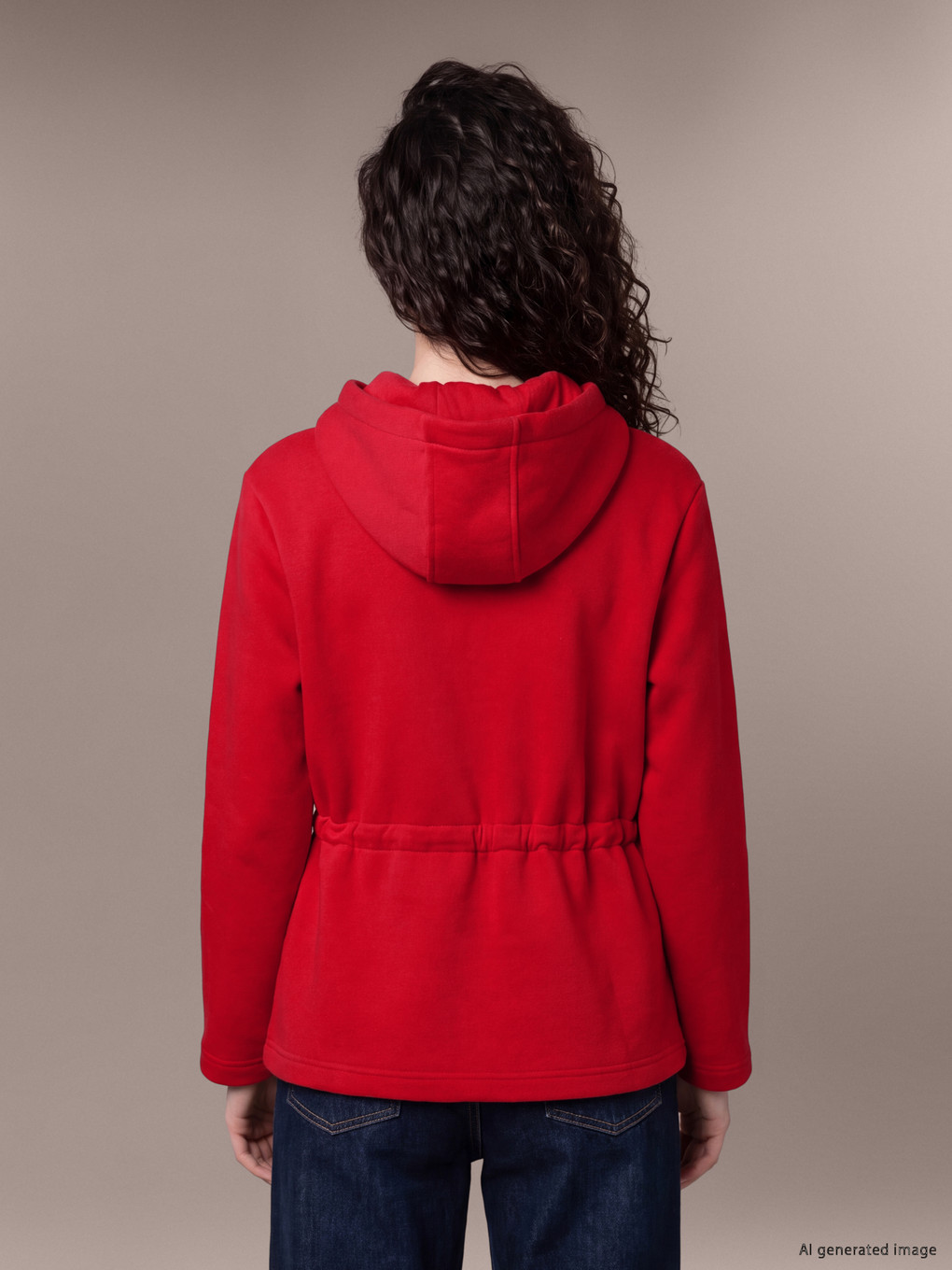Kırmızı Kapüşonlu Kadın Fermuarlı Sweatshirt-3