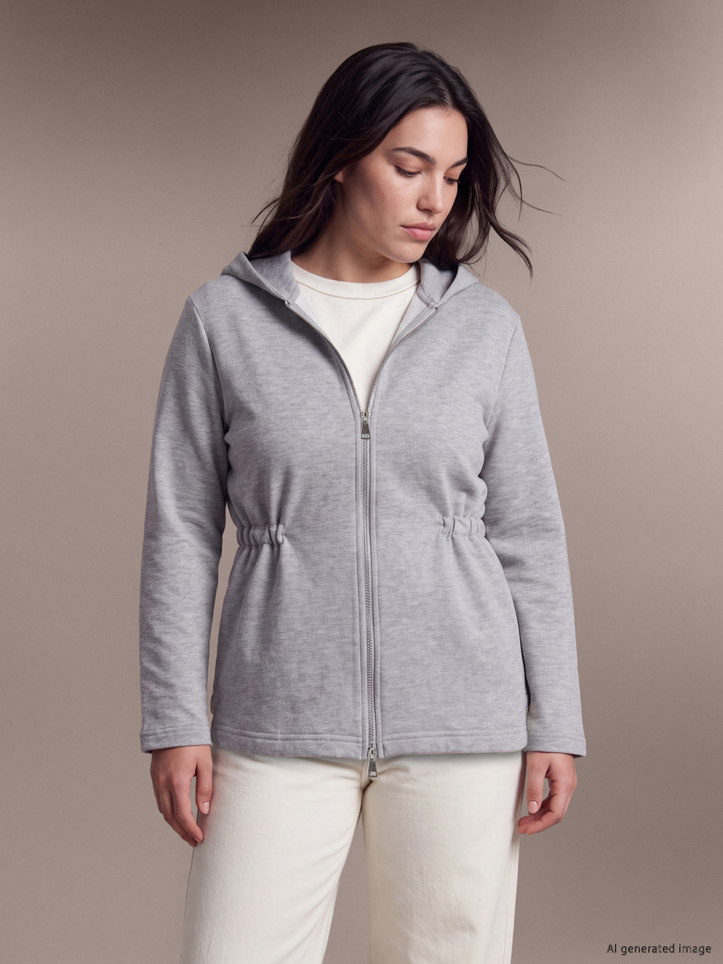 Gri Kapüşonlu Kadın Fermuarlı Sweatshirt-4