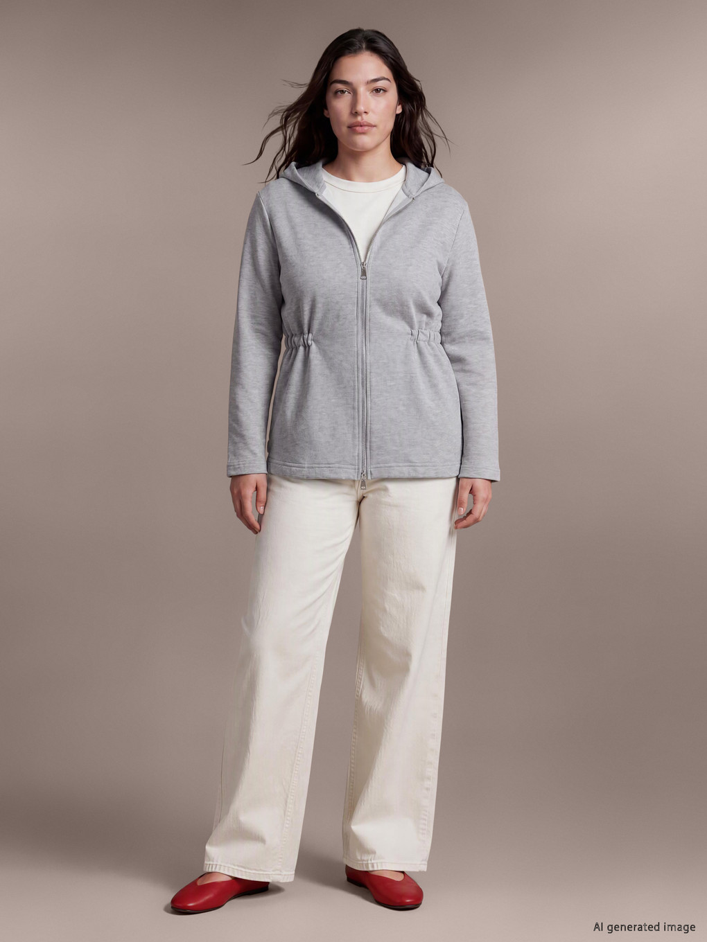 Gri Kapüşonlu Kadın Fermuarlı Sweatshirt-5