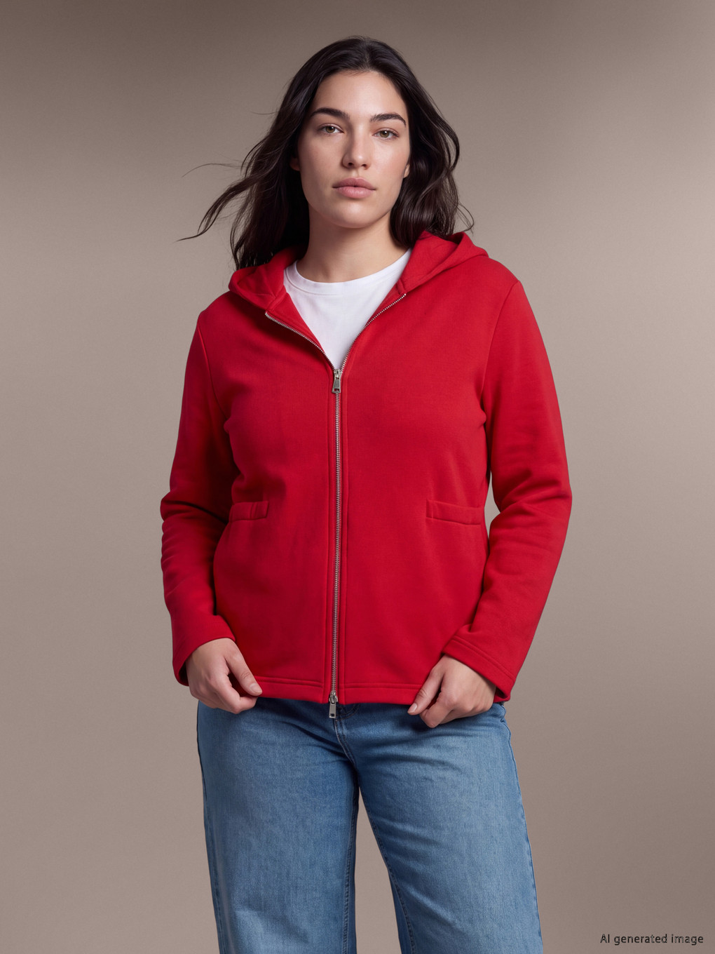 Kırmızı Kapüşonlu Kadın Fermuarlı Sweatshirt-4