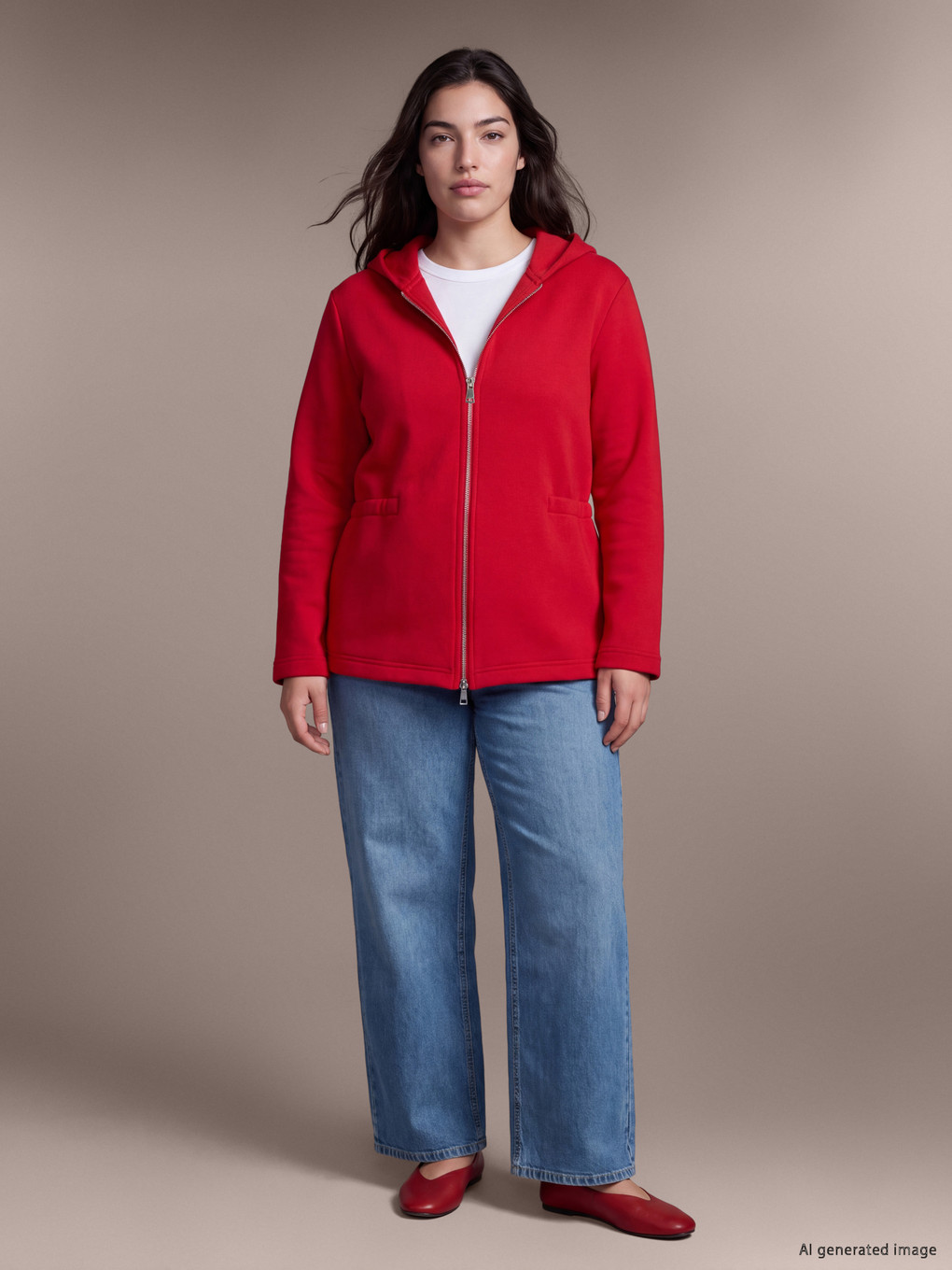Kırmızı Kapüşonlu Kadın Fermuarlı Sweatshirt-5