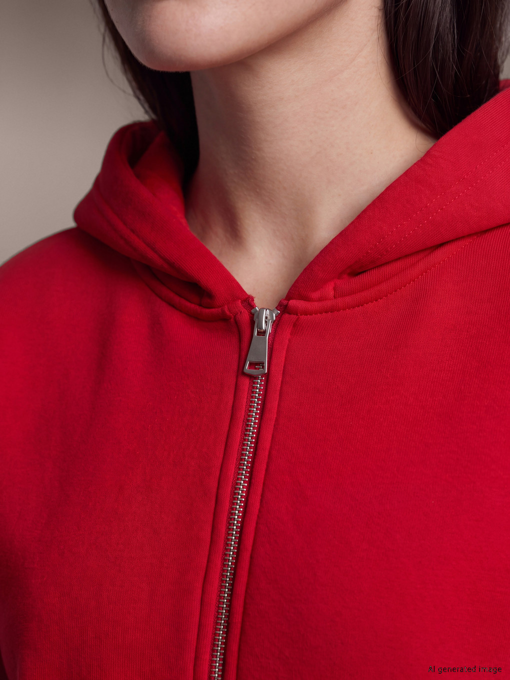 Kırmızı Kapüşonlu Kadın Fermuarlı Sweatshirt-6