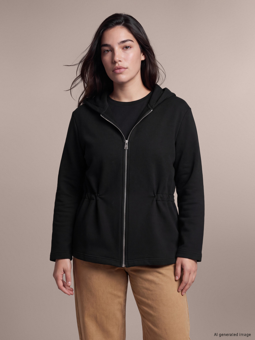Siyah Kapüşonlu Kadın Fermuarlı Sweatshirt-4