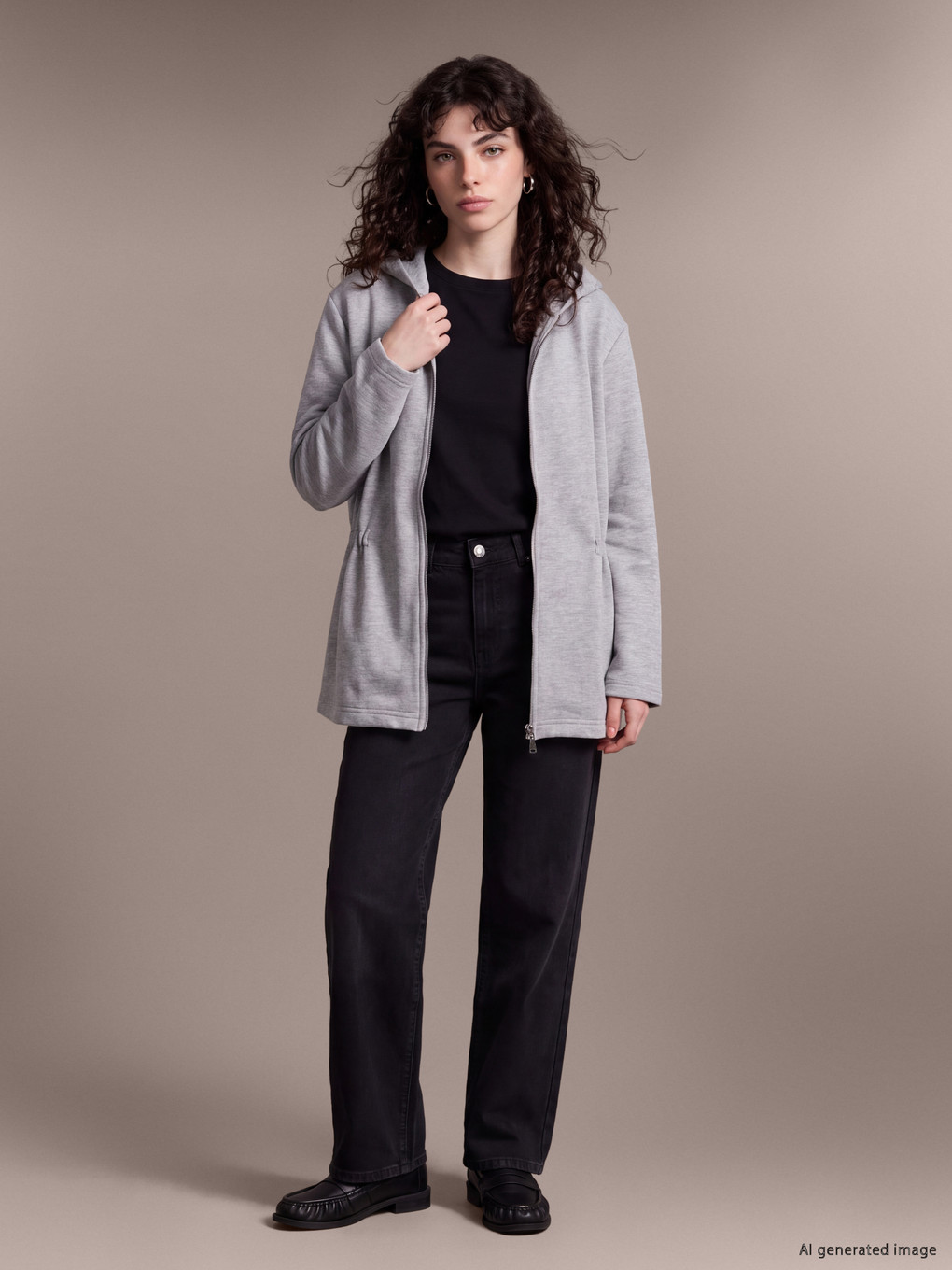 Gri Kapüşonlu Kadın Fermuarlı Sweatshirt-1