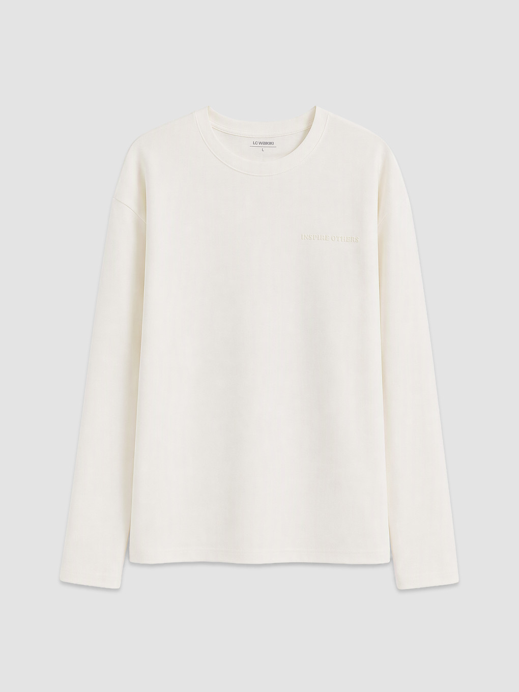 Ekru Bisiklet Yaka Nakışlı Erkek Sweatshirt