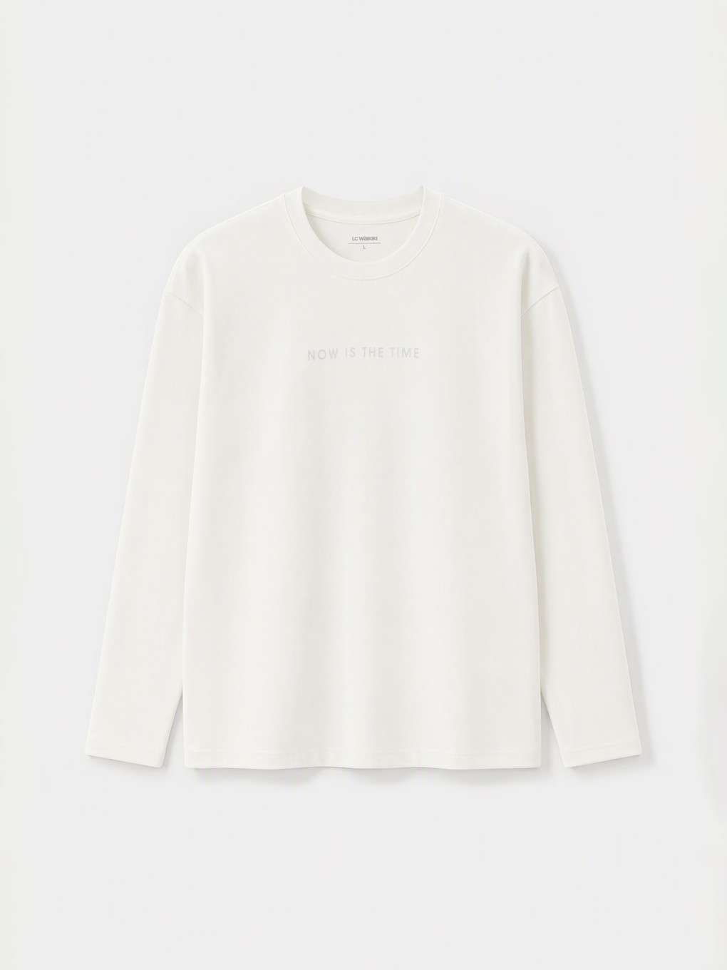 Ekru Bisiklet Yaka Yazı Baskılı Erkek Sweatshirt