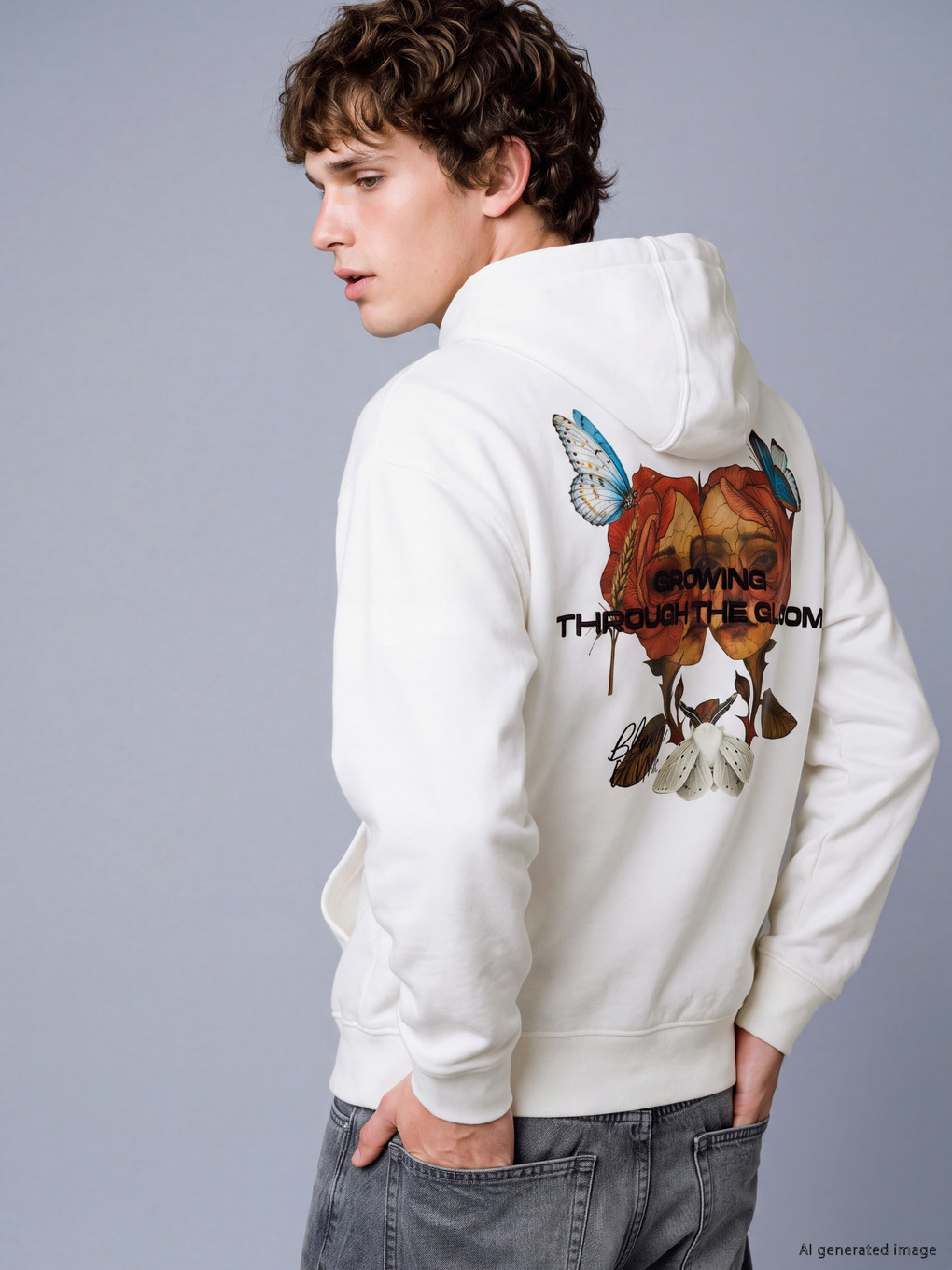 Beyaz Nakışlı Erkek Hoodie