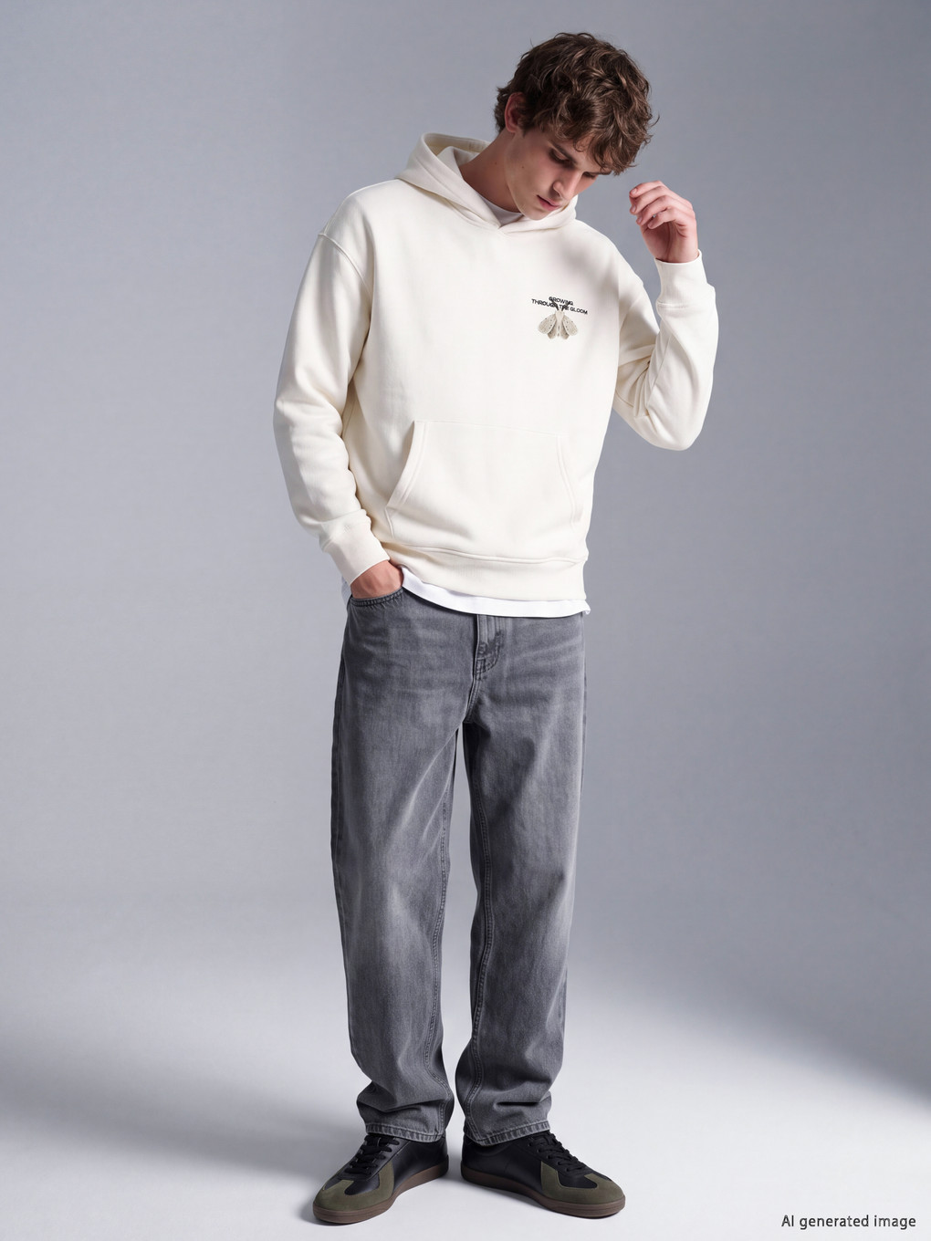 Beyaz Nakışlı Erkek Hoodie-1