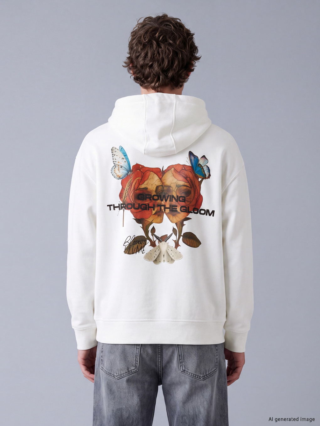 Beyaz Nakışlı Erkek Hoodie-3