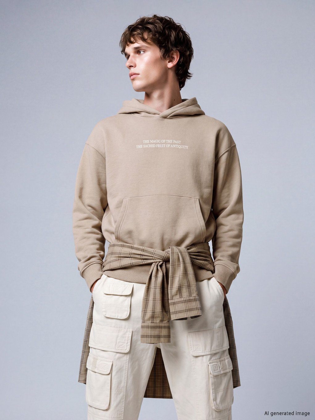 Bej Yazı Nakışlı Erkek Hoodie