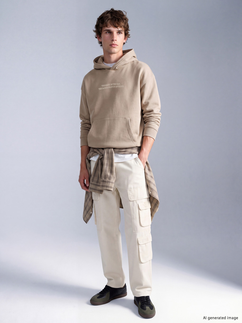 Bej Yazı Nakışlı Erkek Hoodie-2