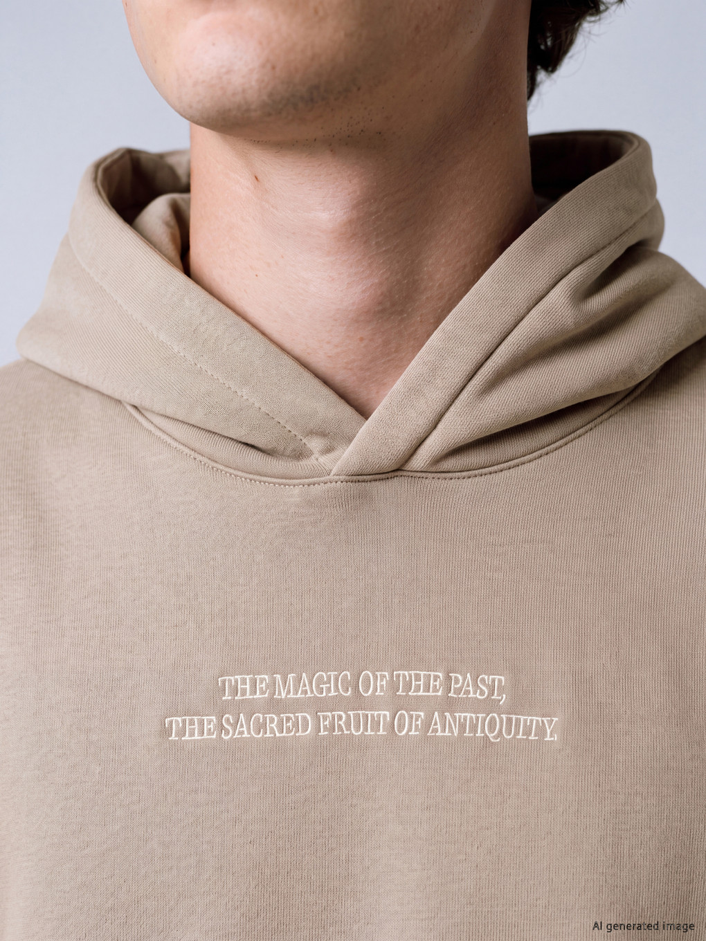 Bej Yazı Nakışlı Erkek Hoodie-3