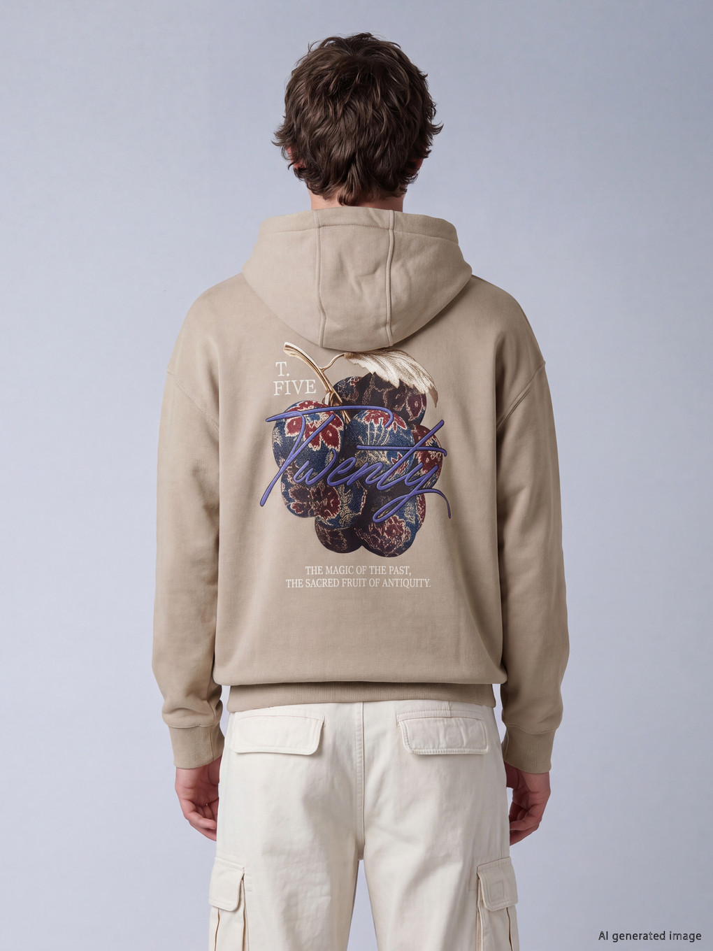Bej Yazı Nakışlı Erkek Hoodie-1