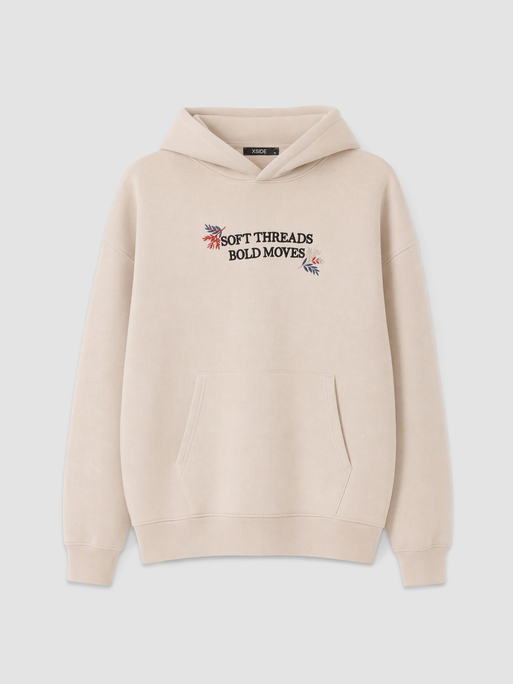 Bej Kapüşonlu Nakışlı Erkek Hoodie-4