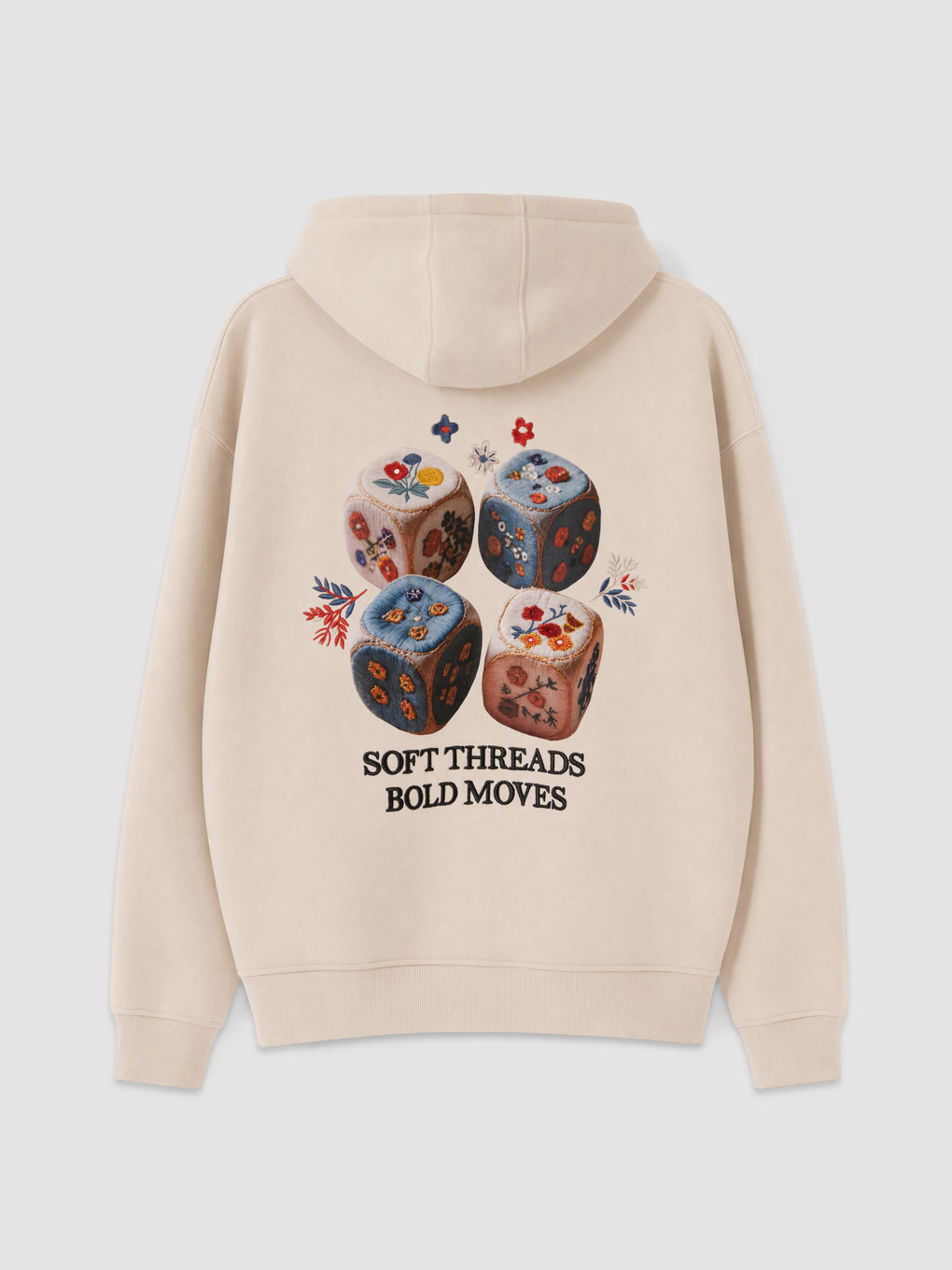 Bej Kapüşonlu Nakışlı Erkek Hoodie-5
